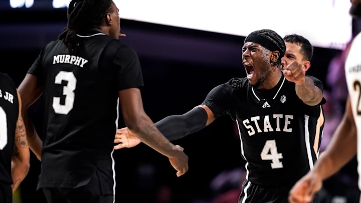 Mississippi State forward Cameron Matthews (4) celebrates his dunk against Vanderbilt with forward KeShawn Murphy (3) during the second half at Memorial Gymnasium in Nashville, Tenn., Tuesday, Jan. 7, 2025.