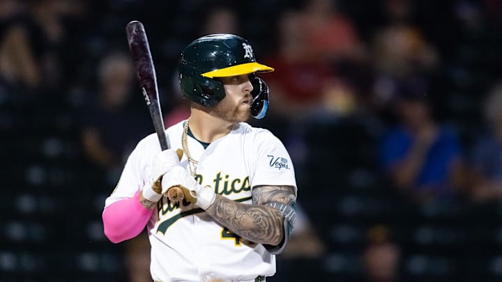 Nov 9, 2025; Mesa, AZ, USA; Oakland Athletics infielder Tommy White during the Arizona Fall League Fall Stars Game at Sloan Park. Mandatory Credit: Mark J. Rebilas-Imagn Images