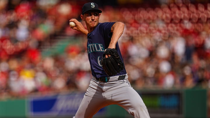 Seattle Mariners starting pitcher George Kirby (68) throws a pitch against the Boston Red Sox in the first inning at Fenway Park on July 31. Seattle Mariners starting pitcher George Kirby (68) throws a pitch against the Boston Red Sox in the first inning at Fenway Park on July 31.