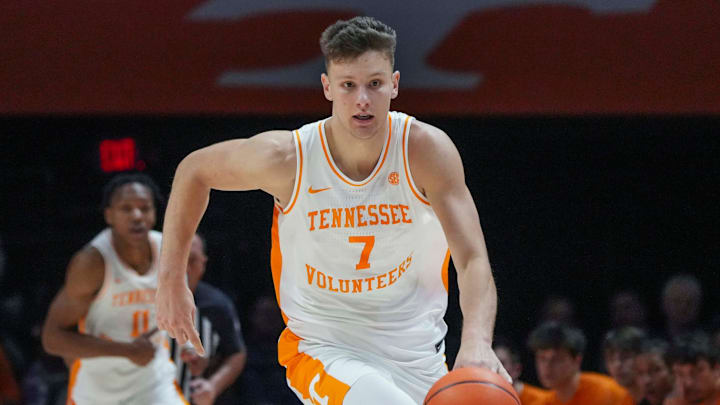 Tennessee forward Igor Milicic Jr (7) dribbles the ball during an NCAA basketball game between the Tennessee Volunteers and UT Martin Skyhawks at Thompson-Boling Arena at Food City Center on Wednesday, Nov. 27, 2024. Mandatory Credit: Angelina Alcantar/USA TODAY NETWORK via Imagn Images Tennessee forward Igor Milicic Jr (7) dribbles the ball during an NCAA basketball game between the Tennessee Volunteers and UT Martin Skyhawks at Thompson-Boling Arena at Food City Center on Wednesday, Nov. 27, 2024. Mandatory Credit: Angelina Alcantar/USA TODAY NETWORK via Imagn Images