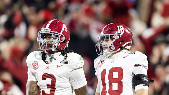 Dec 19, 2025; Norman, OK, USA; Alabama Crimson Tide defensive back Keon Sabb (3) and defensive back Bray Hubbard (18) against the Oklahoma Sooners during the CFP National Playoff First Round at Gaylord Family Oklahoma Memorial Stadium. Mandatory Credit: Mark J. Rebilas-Imagn Images Dec 19, 2025; Norman, OK, USA; Alabama Crimson Tide defensive back Keon Sabb (3) and defensive back Bray Hubbard (18) against the Oklahoma Sooners during the CFP National Playoff First Round at Gaylord Family Oklahoma Memorial Stadium. Mandatory Credit: Mark J. Rebilas-Imagn Images