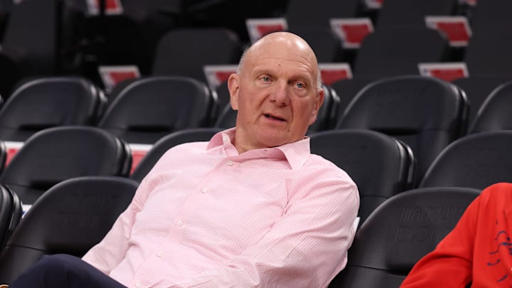 Apr 5, 2025; Inglewood, California, USA;  Los Angeles Clippers owner Steve Ballmer sits courtside before the game against the Dallas Mavericks at Intuit Dome. Mandatory Credit: Kiyoshi Mio-Imagn Images