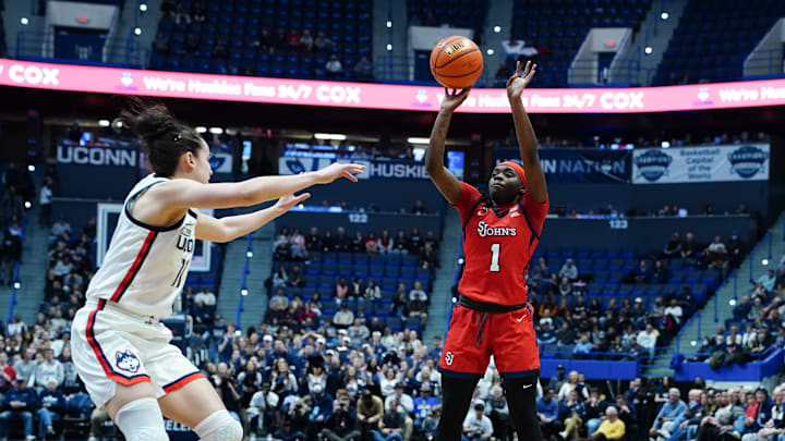 Feb 21, 2023; Hartford, Connecticut, USA; St. John's Red Storm guard Unique Drake (1) shoots over