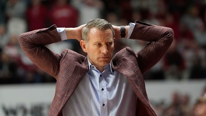 Jan 25, 2025; Tuscaloosa, AL, USA; Alabama head coach Nate Oats reacts after an Alabama player was called for a foul on a missed three point shot by LSU at Coleman Coliseum. Alabama defeated LSU 80-73. Jan 25, 2025; Tuscaloosa, AL, USA; Alabama head coach Nate Oats reacts after an Alabama player was called for a foul on a missed three point shot by LSU at Coleman Coliseum. Alabama defeated LSU 80-73.
