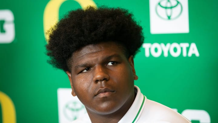 Oregon offensive lineman Josh Conerly Jr. speaks during Oregon football’s media day Monday, July 29, 2024 at Autzen Stadium in Eugene, Ore.