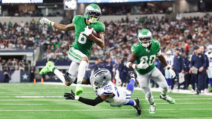 Nov 23, 2025; Arlington, Texas, USA; Philadelphia Eagles wide receiver Devonta Smith (6) leaps for the end zone in the first half against the Dallas Cowboys at AT&T Stadium. Mandatory Credit: Kevin Jairaj-Imagn Images