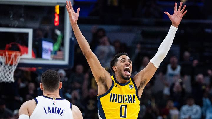 Mar 31, 2025; Indianapolis, Indiana, USA; Indiana Pacers guard Tyrese Haliburton (0) celebrates the game winning basket in the second half against the Sacramento Kings at Gainbridge Fieldhouse. Mandatory Credit: Trevor Ruszkowski-Imagn Images
