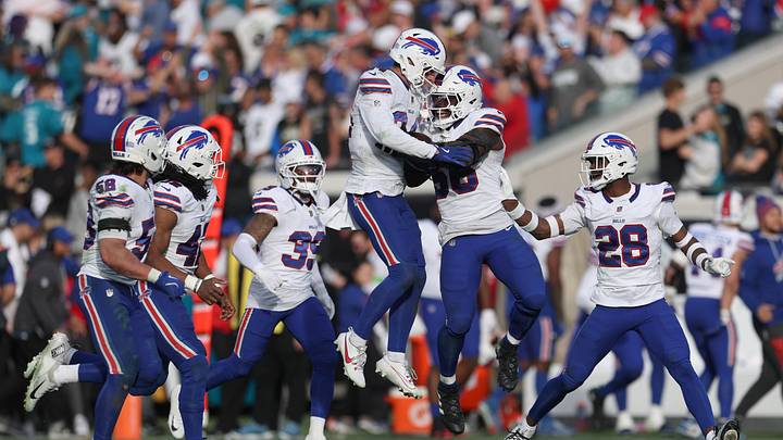 Jan 11, 2026; Jacksonville, FL, USA; Buffalo Bills safety Cole Bishop (24) and teammates react after catching an interception during the second half against the Jacksonville Jaguars in an AFC Wild Card Round game at EverBank Stadium. Mandatory Credit: Nathan Ray Seebeck-Imagn Images