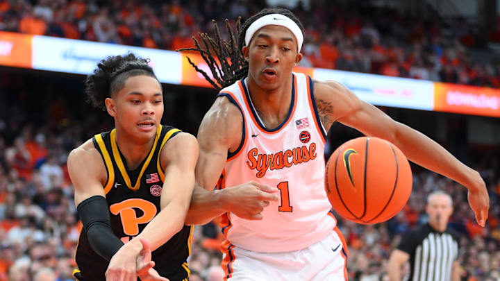 Dec 30, 2023; Syracuse, New York, USA; Pittsburgh Panthers guard Jaland Lowe (15) and Syracuse