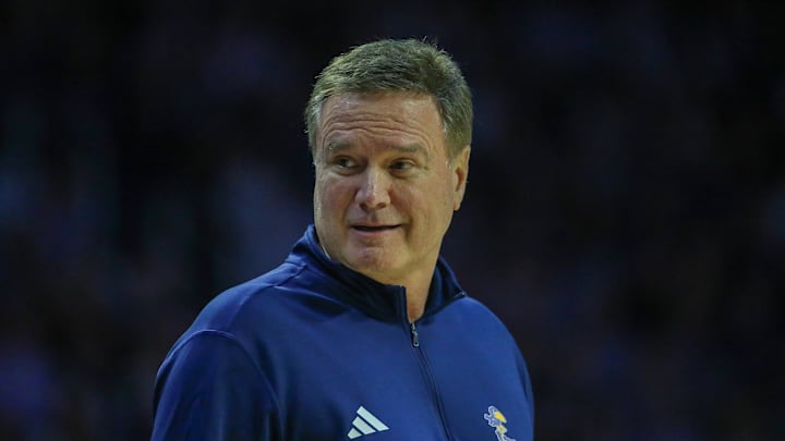Feb 8, 2025; Manhattan, Kansas, USA; Kansas Jayhawks head coach Bill Self looks at his bench during the first half against the Kansas State Wildcats at Bramlage Coliseum. Mandatory Credit: Scott Sewell-Imagn Images