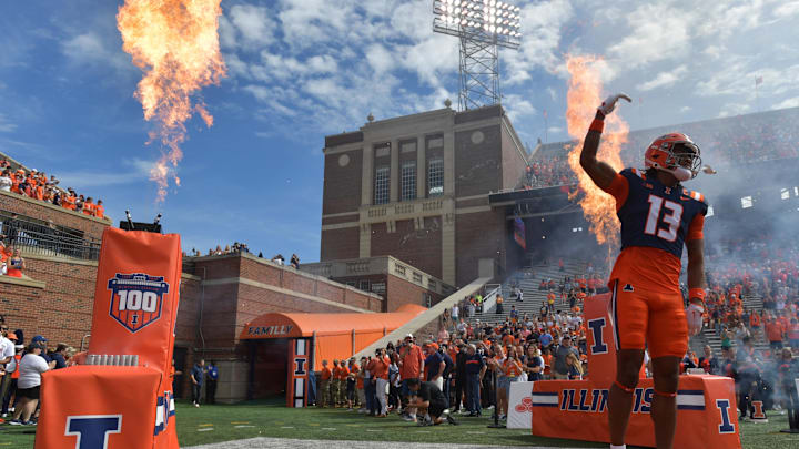 Sep 14, 2024; Champaign, Illinois, USA;  Illinois Fighting Illini wide receiver Pat Bryant (13) takes the field before a game against the Central Michigan Chippewas at Memorial Stadium. Mandatory Credit: Ron Johnson-Imagn Images