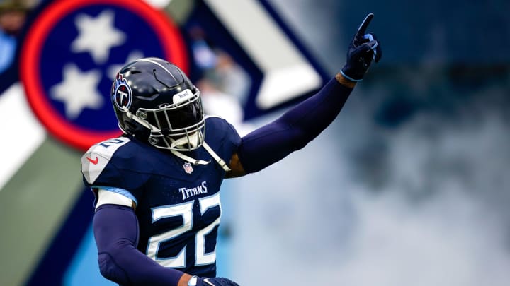 Tennessee Titans running back Derrick Henry (22) waves to fans as he is introduced before a game against the Jacksonville Jaguars at Nissan Stadium in Nashville, Tenn., Sunday, Jan. 7, 2024. Tennessee Titans running back Derrick Henry (22) waves to fans as he is introduced before a game against the Jacksonville Jaguars at Nissan Stadium in Nashville, Tenn., Sunday, Jan. 7, 2024.