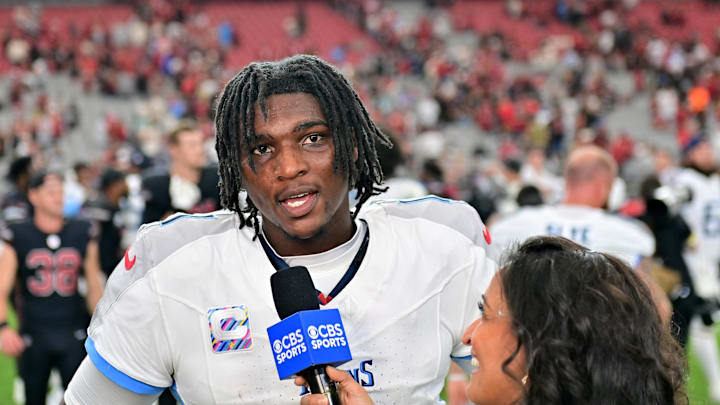 Oct 5, 2025; Glendale, Arizona, USA; Tennessee Titans quarterback Cam Ward (1) is interviewed after the game against the Arizona Cardinals at State Farm Stadium. Mandatory Credit: Matt Kartozian-Imagn Images Oct 5, 2025; Glendale, Arizona, USA; Tennessee Titans quarterback Cam Ward (1) is interviewed after the game against the Arizona Cardinals at State Farm Stadium. Mandatory Credit: Matt Kartozian-Imagn Images