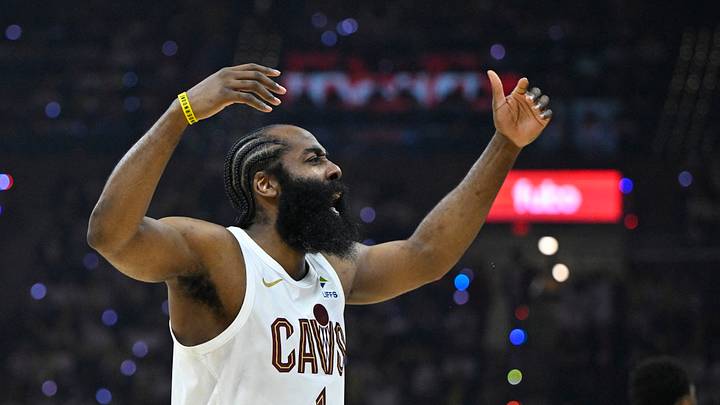 Apr 29, 2026; Cleveland, Ohio, USA; Cleveland Cavaliers guard James Harden (1) celebrates against the Toronto Raptors in the third quarter of game five of the first round of the 2026 NBA Playoffs at Rocket Arena. Mandatory Credit: David Richard-Imagn Images Apr 29, 2026; Cleveland, Ohio, USA; Cleveland Cavaliers guard James Harden (1) celebrates against the Toronto Raptors in the third quarter of game five of the first round of the 2026 NBA Playoffs at Rocket Arena. Mandatory Credit: David Richard-Imagn Images
