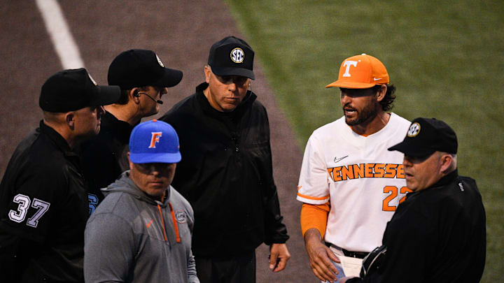 Tennesee baseball coach Tony Vitello and Florida baseball coach Kevin O'Sullivan meet with umpires before the start of the NCAA college baseball game on Thursday, April 6, 2023 in Knoxville, Tenn.

Ut Baseball Florida