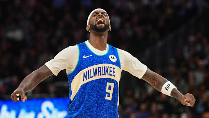 Feb 12, 2024; Milwaukee, Wisconsin, USA; Milwaukee Bucks forward Bobby Portis (9) reacts in a game against Denver.