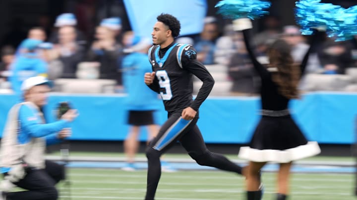 Dec 21, 2025; Charlotte, North Carolina, USA; Carolina Panthers quarterback Bryce Young (9) is introduced before a game against the Tampa Bay Buccaneers at Bank of America Stadium. Mandatory Credit: Jim Dedmon-Imagn Images
