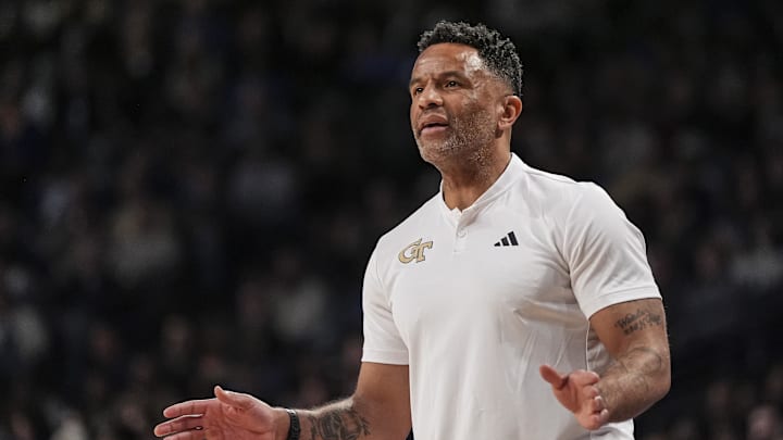 Dec 21, 2024; Atlanta, Georgia, USA; Georgia Tech Yellow Jackets head coach Damon Stoudamire on the court against the Duke Blue Devils during the first half at McCamish Pavilion. Mandatory Credit: Dale Zanine-Imagn Images