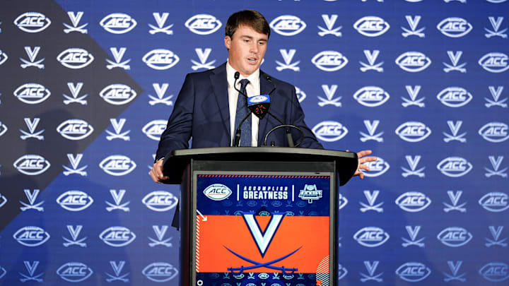 Jul 22, 2025; Charlotte, NC, USA; Virgnia quarterback Chandler Morris answers questions from the media during ACC Media Days at Hilton Charlotte Uptown. Mandatory Credit: Jim Dedmon-Imagn Images