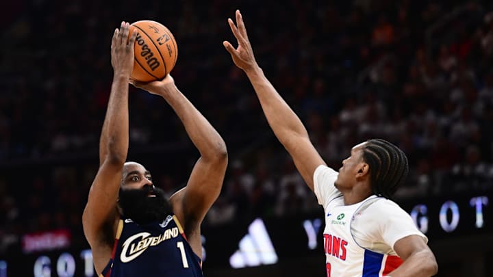 May 11, 2026; Cleveland, Ohio, USA; Cleveland Cavaliers guard James Harden (1) shoots over the defense of  Detroit Pistons guard Ausar Thompson (9) during the second half of game four in the second round of the 2026 NBA Playoffs at Rocket Arena. Mandatory Credit: Ken Blaze-Imagn Images