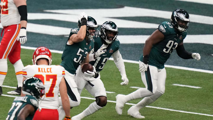 Feb 9, 2025; New Orleans, LA, USA; Philadelphia Eagles linebacker Zack Baun (53) reacts after making an interception against the Kansas City Chiefs during the second quarter in Super Bowl LIX at Caesars Superdome. Mandatory Credit: Kirby Lee-Imagn Images