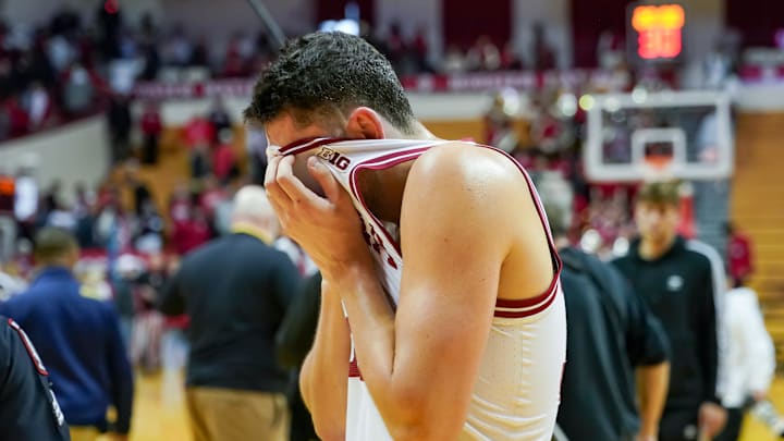 Indiana Hoosiers guard Trey Galloway (32) walks off the court after the second half against the Michigan Wolverines at Simon Skjodt Assembly Hall. Indiana Hoosiers guard Trey Galloway (32) walks off the court after the second half against the Michigan Wolverines at Simon Skjodt Assembly Hall.