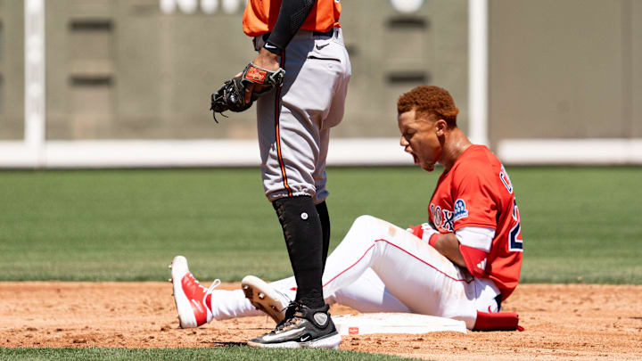 Kristian Campbell, of the Boston Red Sox reacts after sliding safely into second ahead of Luis Vasquez of the Baltimore Orioles during a Spring Training game at JetBlue Park in Fort Myers on Monday, March 17, 2025. Kristian Campbell, of the Boston Red Sox reacts after sliding safely into second ahead of Luis Vasquez of the Baltimore Orioles during a Spring Training game at JetBlue Park in Fort Myers on Monday, March 17, 2025.