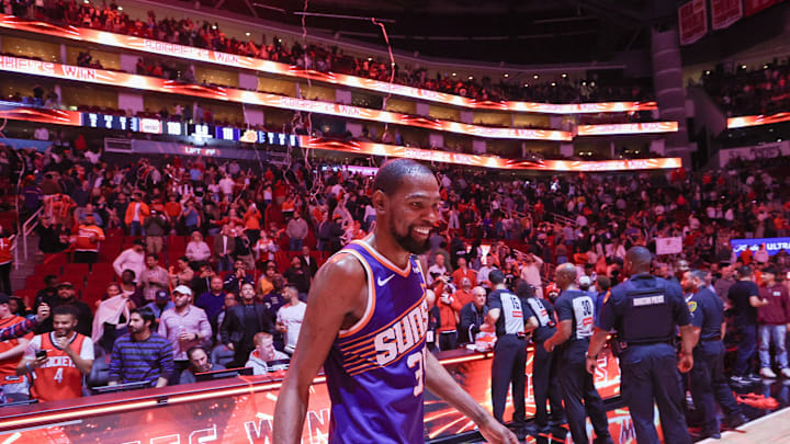 Feb 12, 2025; Houston, Texas, USA; Phoenix Suns forward Kevin Durant (35) after playing against the Houston Rockets at Toyota Center. Mandatory Credit: Thomas Shea-Imagn Images