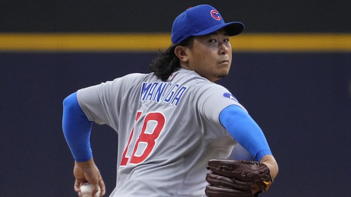 May 4, 2025; Milwaukee, Wisconsin, USA; Chicago Cubs pitcher Shota Imanaga (18) delivers a pitch against the Milwaukee Brewers in the first inning at American Family Field. Mandatory Credit: Michael McLoone-Imagn Images