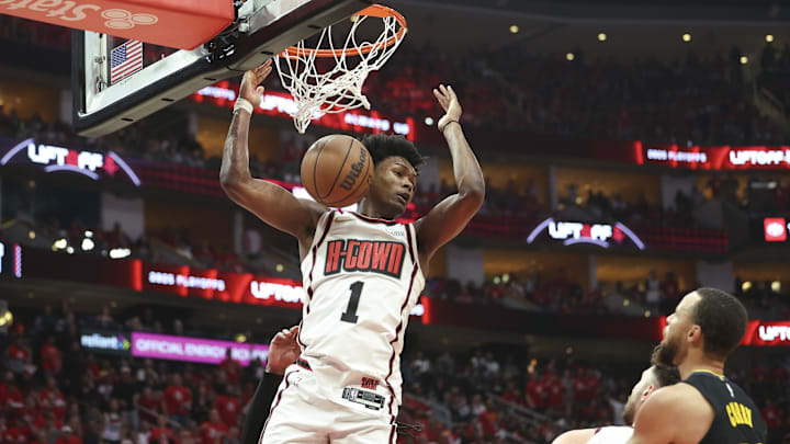May 4, 2025; Houston, Texas, USA; Houston Rockets forward Amen Thompson (1) dunks the ball during game seven of the first round for the 2025 NBA Playoffs against the Golden State Warriors at Toyota Center. Mandatory Credit: Troy Taormina-Imagn Images May 4, 2025; Houston, Texas, USA; Houston Rockets forward Amen Thompson (1) dunks the ball during game seven of the first round for the 2025 NBA Playoffs against the Golden State Warriors at Toyota Center. Mandatory Credit: Troy Taormina-Imagn Images