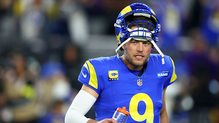 Jan 13, 2025; Glendale, AZ, USA; Los Angeles Rams quarterback Matthew Stafford (9) practices before the NFC wild card game against the Minnesota Vikings at State Farm Stadium. Mandatory Credit: Mark J. Rebilas-Imagn Images