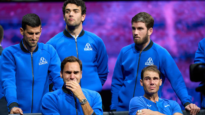 A tearful Roger Federer and Rafael Nadal look on after his last Laver Cup Tennis match in September of 2022. 