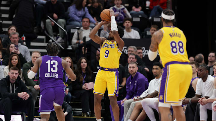 Bronny James shoots a three against the Utah Jazz on a career night. 