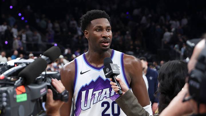 Oct 23, 2026; Salt Lake City, Utah, USA;  Utah Jazz forward Jaren Jackson Jr. (20) speaks to the media as the player of the game against the New Orleans Pelicans at Delta Center.  Mandatory Credit: Rob Gray-Imagn Images