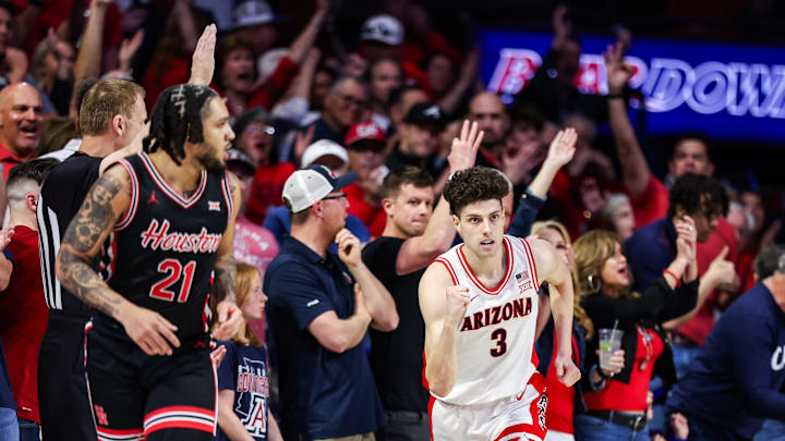 Feb 15, 2025; Tucson, Arizona, USA; Arizona Wildcats guard Anthony Dell’Orso (3) celebrates a three pointer he made against the Houston Cougars during the first half at McKale Center. Mandatory Credit: Aryanna Frank-Imagn Images