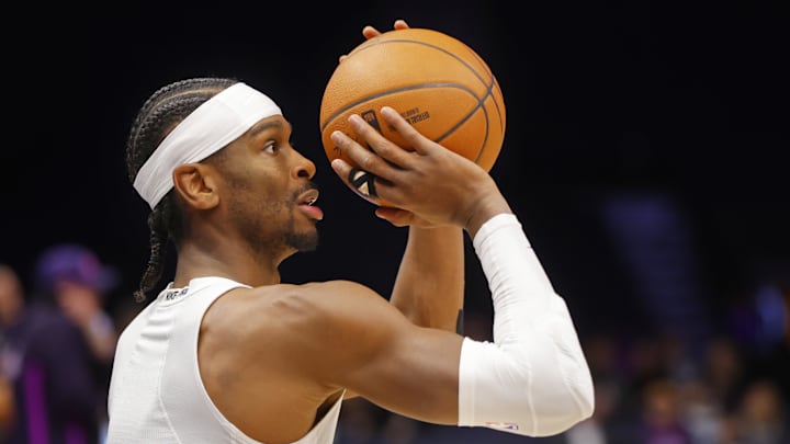 Dec 19, 2025; Minneapolis, Minnesota, USA; Oklahoma City Thunder guard Shai Gilgeous-Alexander (2) prepares to play the Minnesota Timberwolves before the game at Target Center. Mandatory Credit: Bruce Kluckhohn-Imagn Images