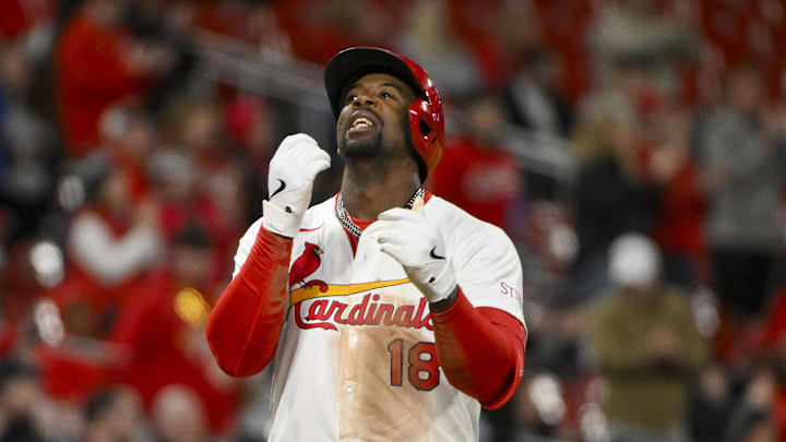 Apr 1, 2025; St. Louis, Missouri, USA; St. Louis Cardinals right fielder Jordan Walker (18) reacts after hitting a solo home run against the Los Angeles Angels during the fourth inning at Busch Stadium. Mandatory Credit: Jeff Curry-Imagn Images Apr 1, 2025; St. Louis, Missouri, USA; St. Louis Cardinals right fielder Jordan Walker (18) reacts after hitting a solo home run against the Los Angeles Angels during the fourth inning at Busch Stadium. Mandatory Credit: Jeff Curry-Imagn Images