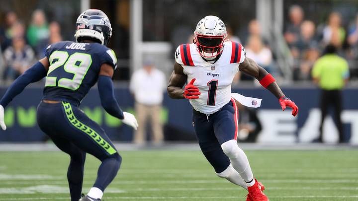 Sep 9, 2026; Seattle, Washington, USA;  aNew England Patriots wide receiver A.J. Brown (1) runs a route against Seattle Seahawks cornerback Josh Jobe (29) during the second quarter at Lumen Field.  