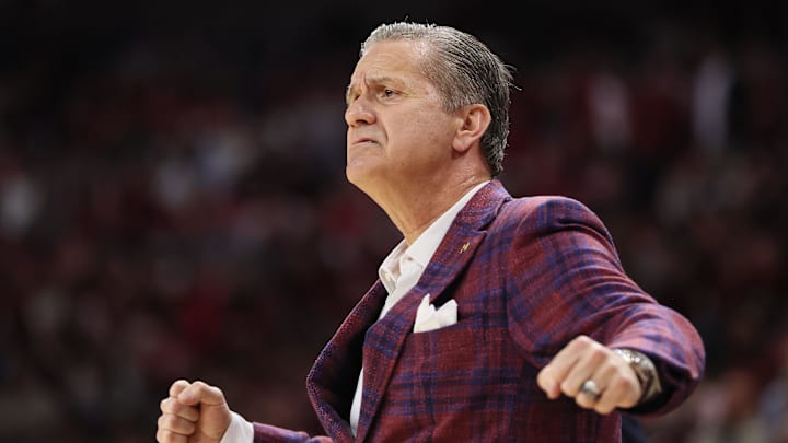 Feb 25, 2026; Fayetteville, Arkansas, USA; Arkansas Razorbacks head coach John Calipari reacts against the Texas A&M Aggies during the first half at Bud Walton Arena. Mandatory Credit: Nelson Chenault-Imagn Images
