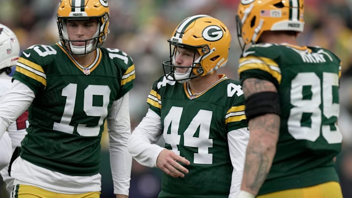 Green Bay Packers place kicker Brayden Narveson (44) reacts after missing a field goal during the third quarter of their game at Lambeau Field in Green Bay, Wisconsin.