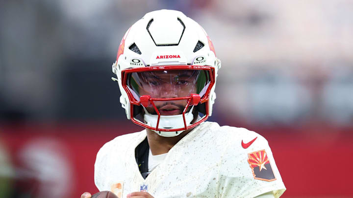 Sep 25, 2025; Glendale, Arizona, USA; Arizona Cardinals quarterback Kyler Murray (1) warms up before the game against the Seattle Seahawks at State Farm Stadium. Mandatory Credit: Mark J. Rebilas-Imagn Images