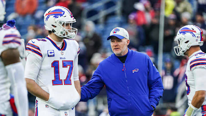 Dec 26, 2021; Foxborough, Massachusetts, USA; Buffalo Bills quarterback Josh Allen (17) and head coach Sean McDermott on the field before the start of the game against the New England Patriots at Gillette Stadium.