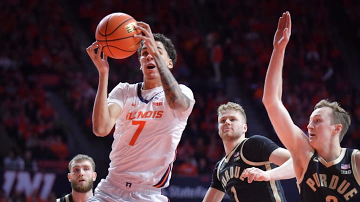 Mar 7, 2025; Champaign, Illinois, USA; Illinois Fighting Illini forward Will Riley (7) grabs a rebound during the first half against the Illinois Fighting Illini at State Farm Center. Mandatory Credit: Ron Johnson-Imagn Images Mar 7, 2025; Champaign, Illinois, USA; Illinois Fighting Illini forward Will Riley (7) grabs a rebound during the first half against the Illinois Fighting Illini at State Farm Center. Mandatory Credit: Ron Johnson-Imagn Images