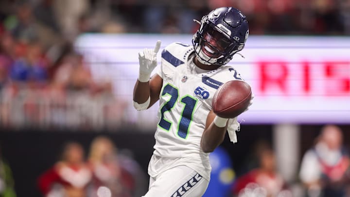 Dec 7, 2025; Atlanta, Georgia, USA; Seattle Seahawks cornerback Devon Witherspoon (21) celebrates after a fumble recovery against the Atlanta Falcons in the third quarter at Mercedes-Benz Stadium. Mandatory Credit: Brett Davis-Imagn Images