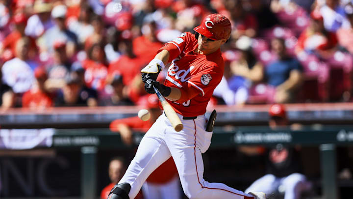 Aug 31, 2025; Cincinnati, Ohio, USA; Cincinnati Reds outfielder TJ Friedl (29) hits a single in the first inning against the St. Louis Cardinals at Great American Ball Park. Mandatory Credit: Katie Stratman-Imagn Images Aug 31, 2025; Cincinnati, Ohio, USA; Cincinnati Reds outfielder TJ Friedl (29) hits a single in the first inning against the St. Louis Cardinals at Great American Ball Park. Mandatory Credit: Katie Stratman-Imagn Images