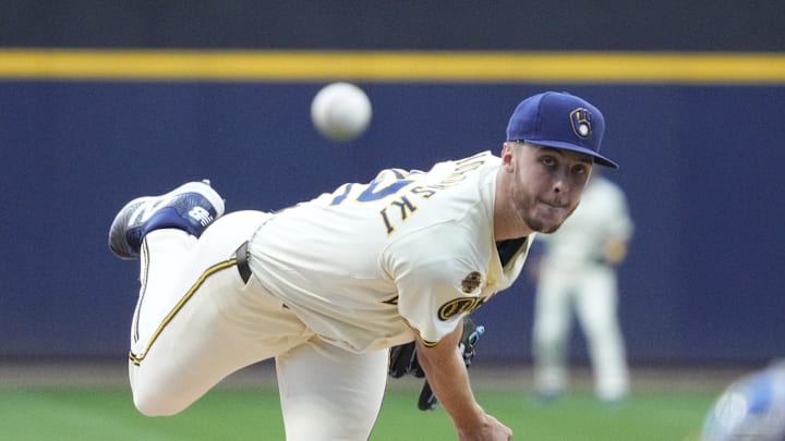 Sep 1, 2025; Milwaukee, Wisconsin, USA; Milwaukee Brewers pitcher Jacob Misiorowski (32) delivers a pitch against the Philadelphia Phillies in the first inning at American Family Field. Mandatory Credit: Michael McLoone-Imagn Images Sep 1, 2025; Milwaukee, Wisconsin, USA; Milwaukee Brewers pitcher Jacob Misiorowski (32) delivers a pitch against the Philadelphia Phillies in the first inning at American Family Field. Mandatory Credit: Michael McLoone-Imagn Images
