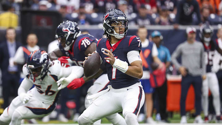 Dec 3, 2023; Houston, Texas, USA; Houston Texans quarterback C.J. Stroud (7) looks for an open