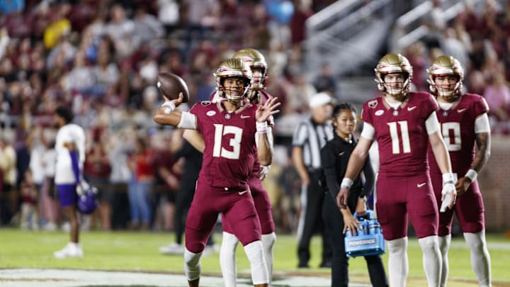 Nov 18, 2023; Tallahassee, Florida, USA; Florida State Seminoles quarterback Jordan Travis (13) throws a pass during the warm ups against the North Alabama Lions at Doak S. Campbell Stadium. Mandatory Credit: Morgan Tencza-USA TODAY Sports
