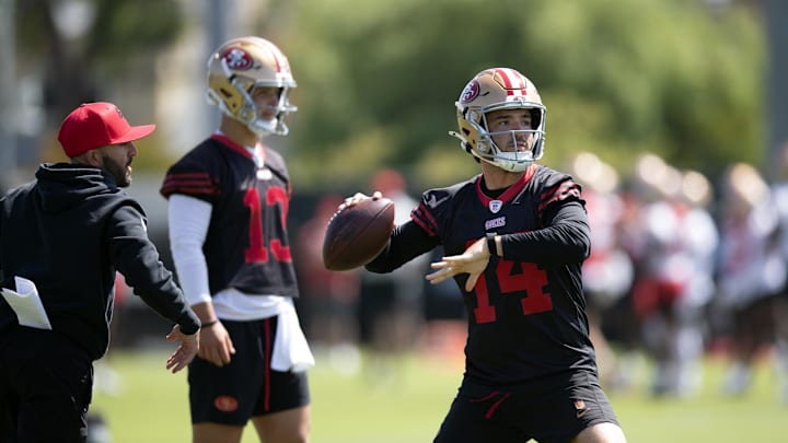 Jun 11, 2025; Santa Clara, CA, USA; San Francisco 49ers quarterback Tanner Mordecai (14) throws a pass during a team OTA at Levi's Stadium. Mandatory Credit: D. Ross Cameron-Imagn Images
