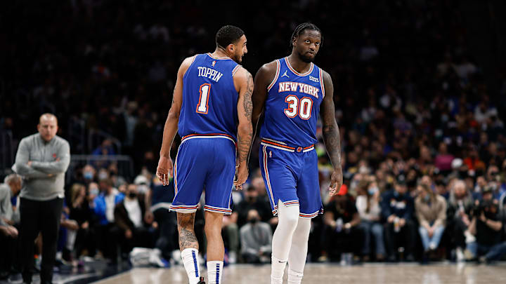Feb 8, 2022; Denver, Colorado, USA; New York Knicks forward Julius Randle (30) comes on for forward Obi Toppin (1) in the second quarter against the Denver Nuggets at Ball Arena. Mandatory Credit: Isaiah J. Downing-Imagn Images